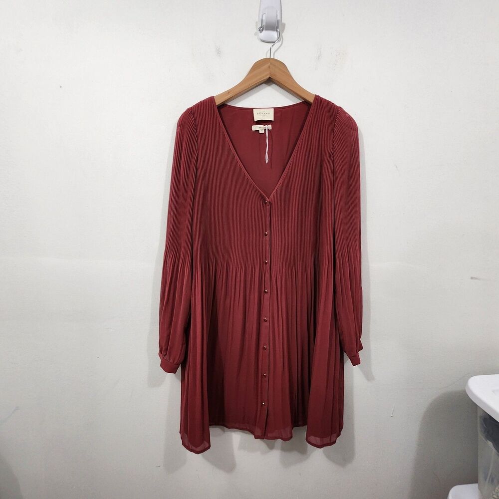 Sezane Louisette Mini Dress Pleated Grap V-Neck Long Sleeve Button-Front Size 36